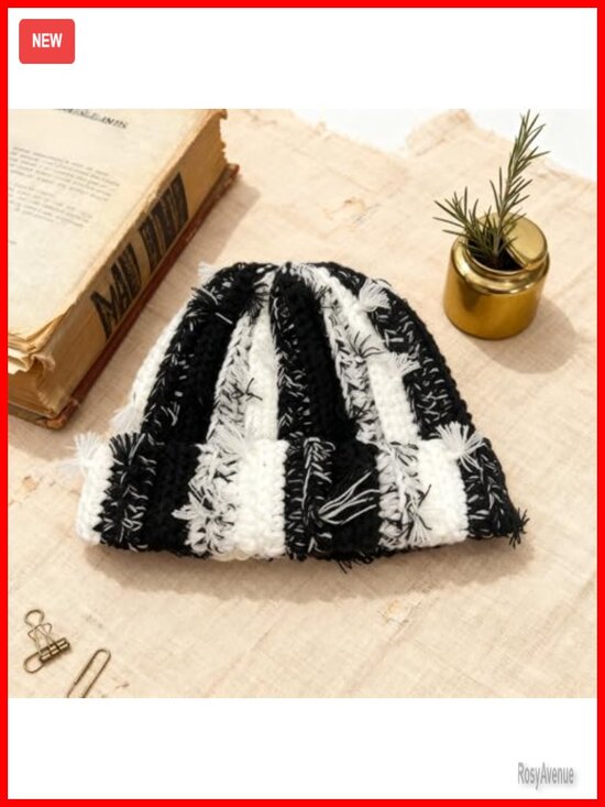 Chunky Crochet Beanie Casual Cuffed Winter Hat with Boho Tassel Knot main image 6